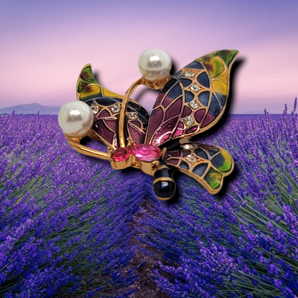 Gold Tone Round White Faux Pearl Multi Color Enamel Crystal Butterfly Brooch - Picture 4 of 4